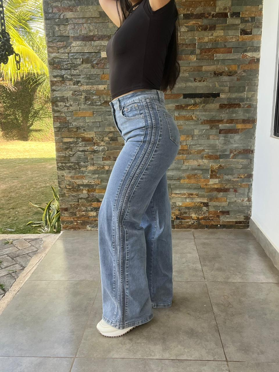 Pantalon pierna ancha azul con detalles laterales Surprise jeans - 5763