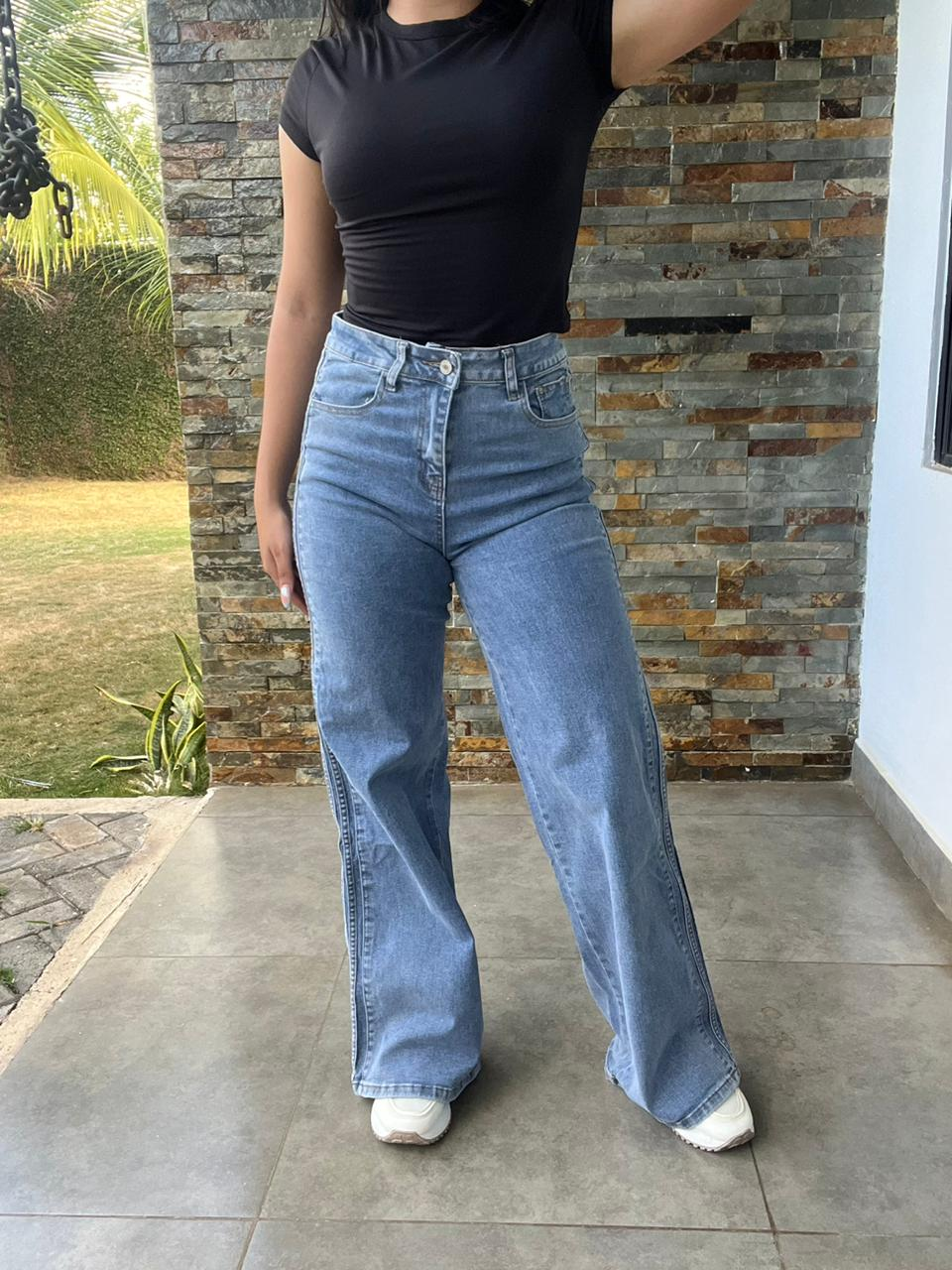Pantalon pierna ancha azul con detalles laterales Surprise jeans - 5763