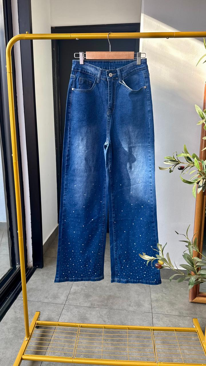 Pantalon pierna ancha azul con brillitos parte inferior Surprise jeans - 5764