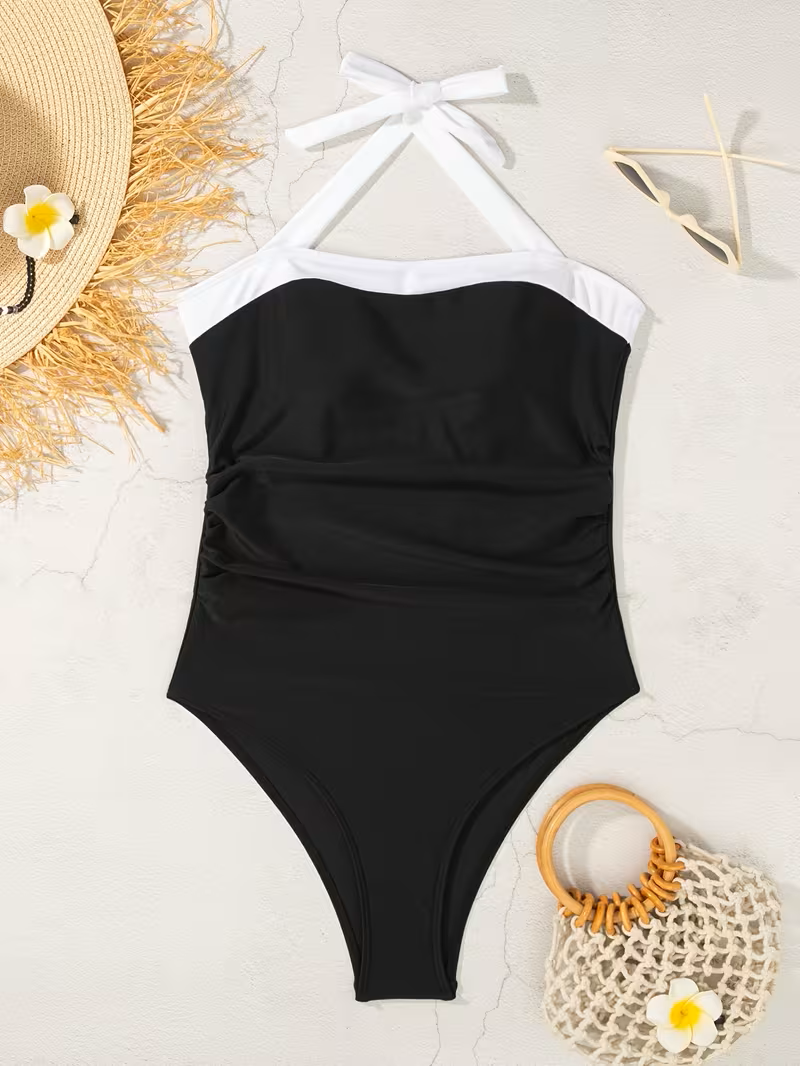 Traje de baño negro una pieza cuello halter - 5769