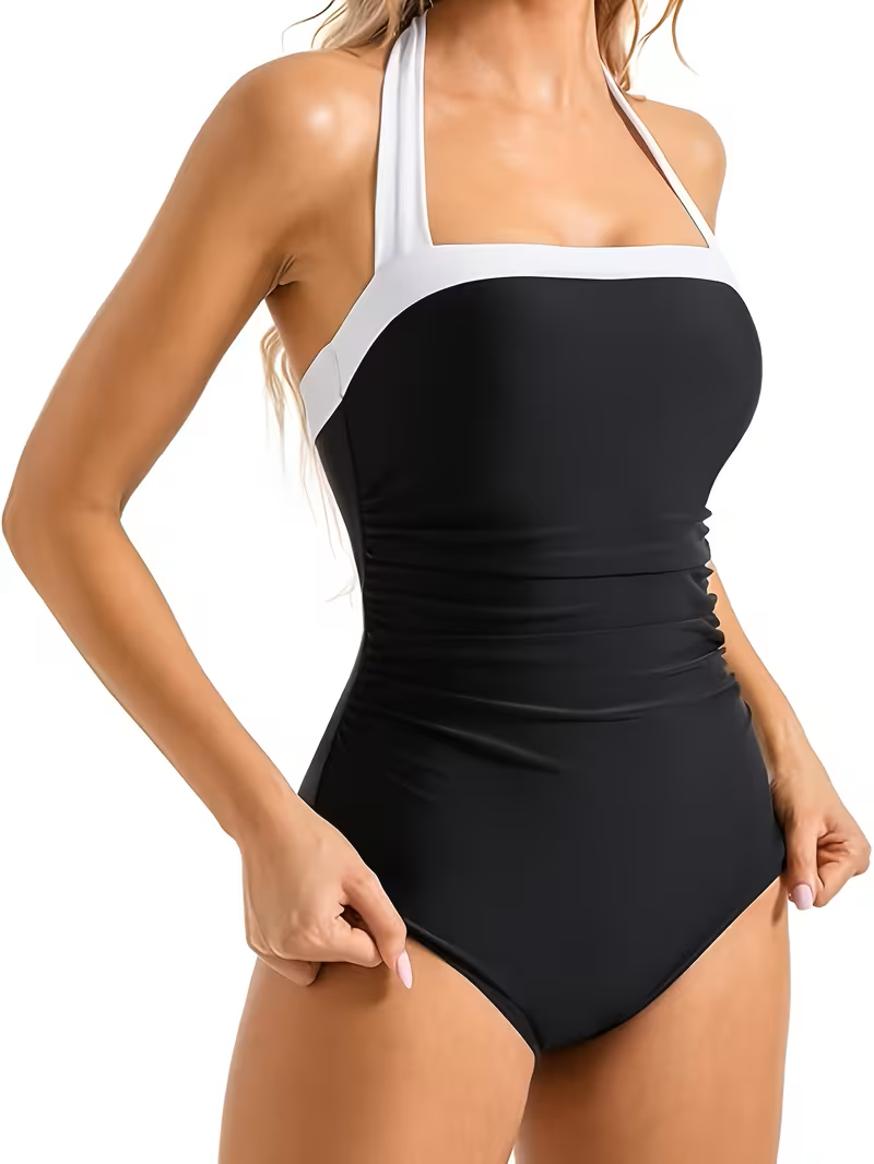 Traje de baño negro una pieza cuello halter - 5769
