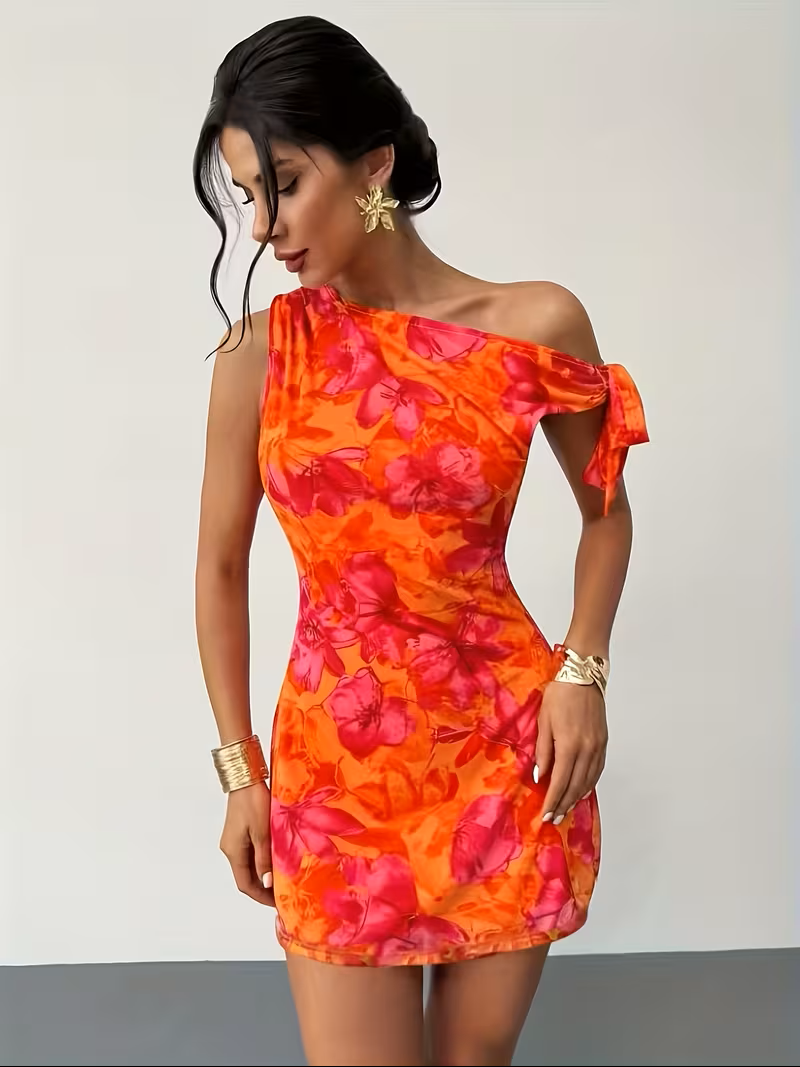 Vestido naranja estampado floral un hombro - 5773