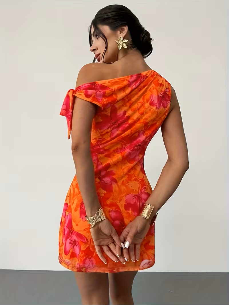 Vestido naranja estampado floral un hombro - 5773