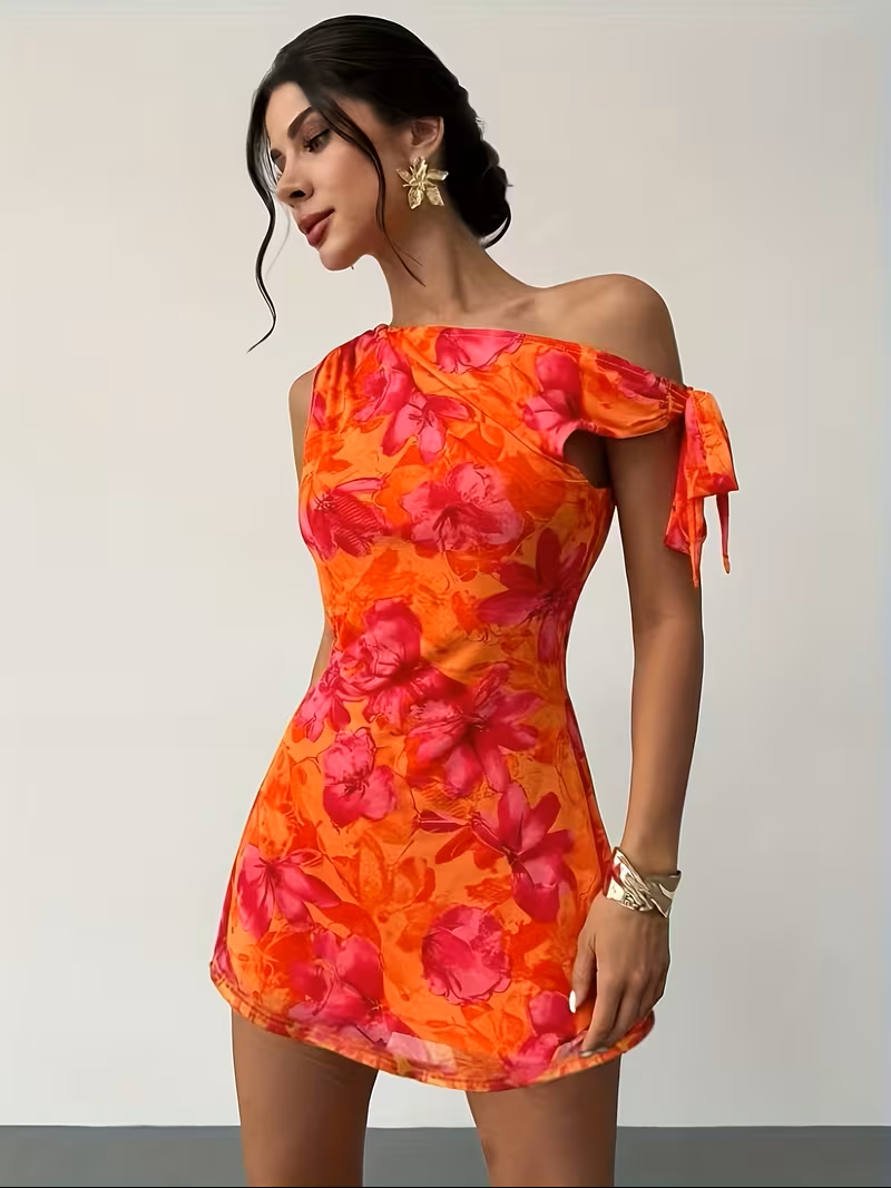 Vestido naranja estampado floral un hombro - 5773