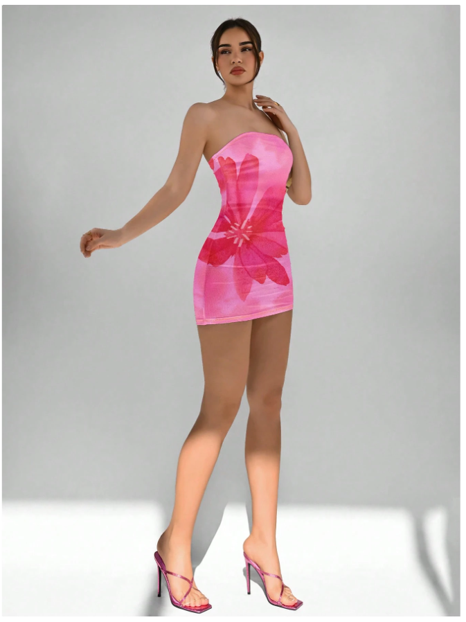 Vestido rosa corto estampado flor - 5786