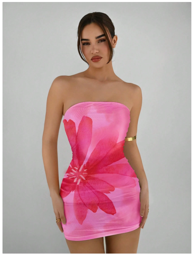 Vestido rosa corto estampado flor - 5786