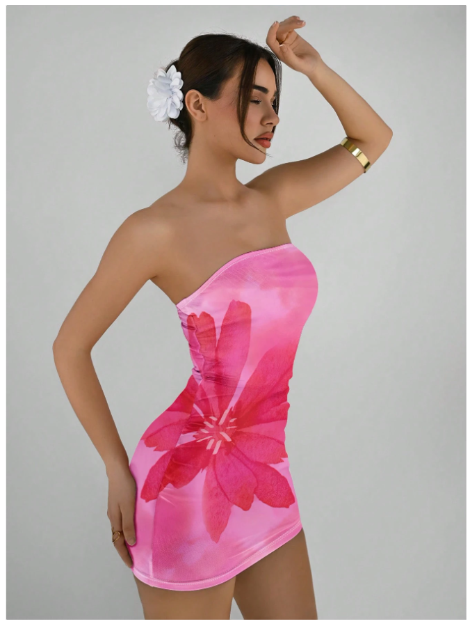 Vestido rosa corto estampado flor - 5786