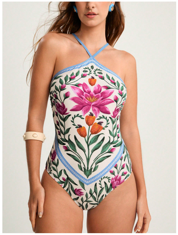 Traje de baño blanco una pieza estampado flores - 5787