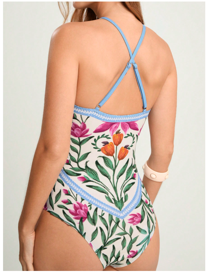 Traje de baño blanco una pieza estampado flores - 5787