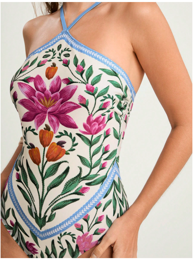 Traje de baño blanco una pieza estampado flores - 5787