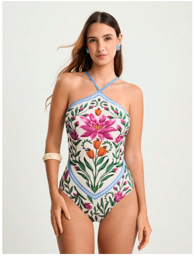 Traje de baño blanco una pieza estampado flores - 5787