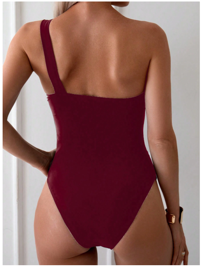 Traje de baño burdeos una pieza un hombro con detalle dorado - 5793