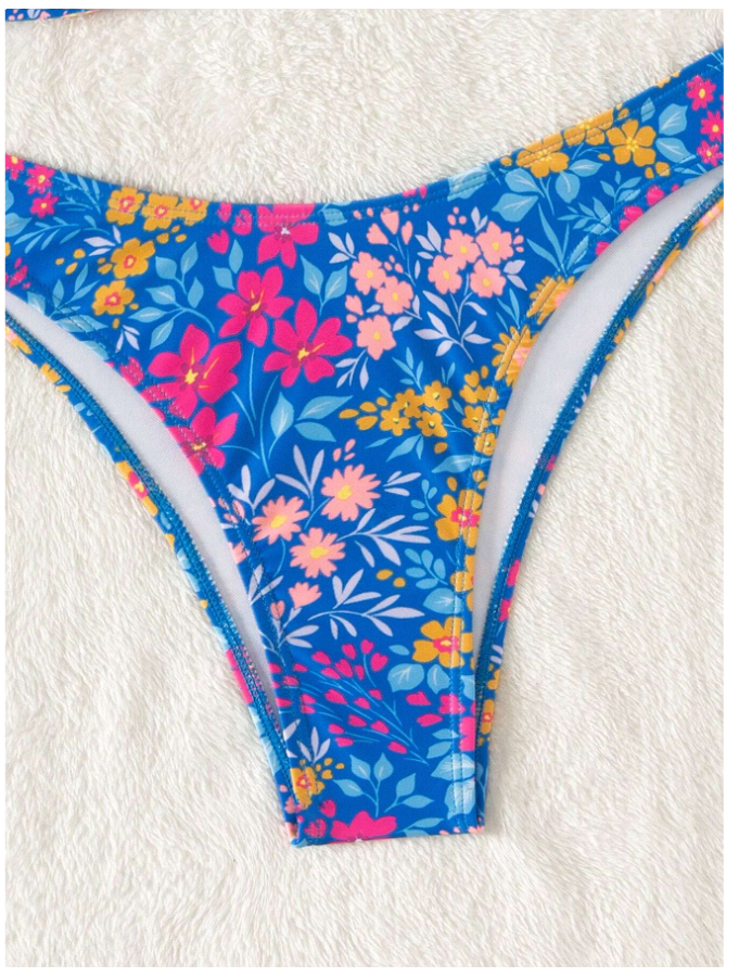 Traje de baño dos piezas azul estampado floral abertura en pecho - 5795