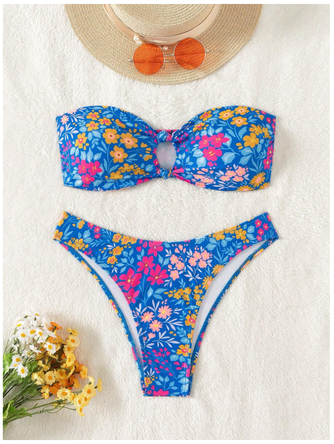Traje de baño dos piezas azul estampado floral abertura en pecho - 5795