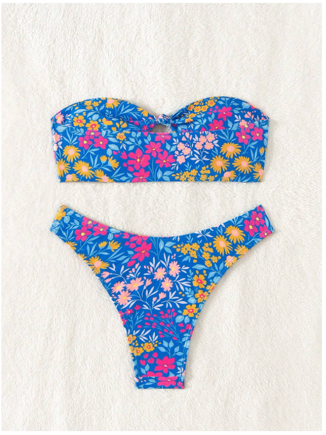 Traje de baño dos piezas azul estampado floral abertura en pecho - 5795