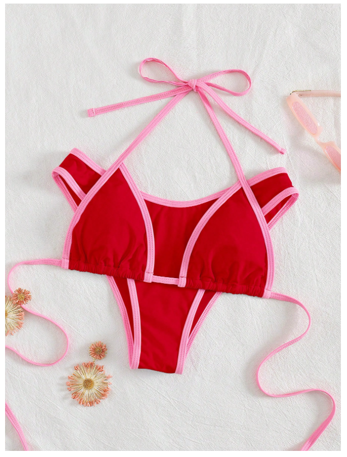 Traje de baño dos piezas rojo tirantes rosa - 5797