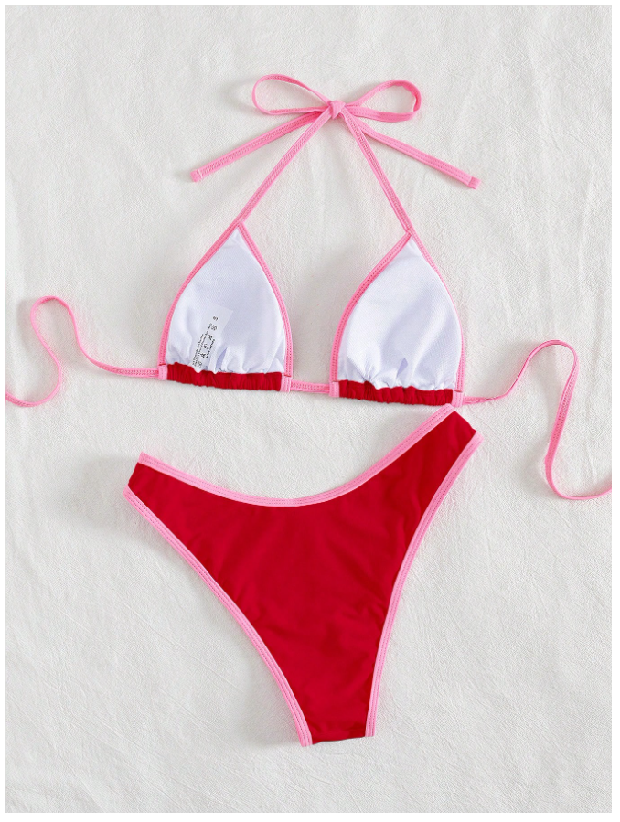 Traje de baño dos piezas rojo tirantes rosa - 5797