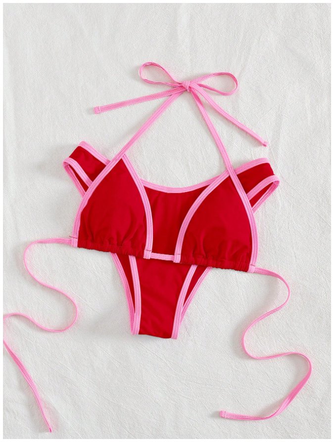 Traje de baño dos piezas rojo tirantes rosa - 5797