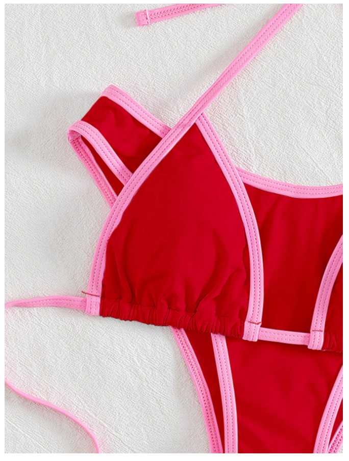 Traje de baño dos piezas rojo tirantes rosa - 5797