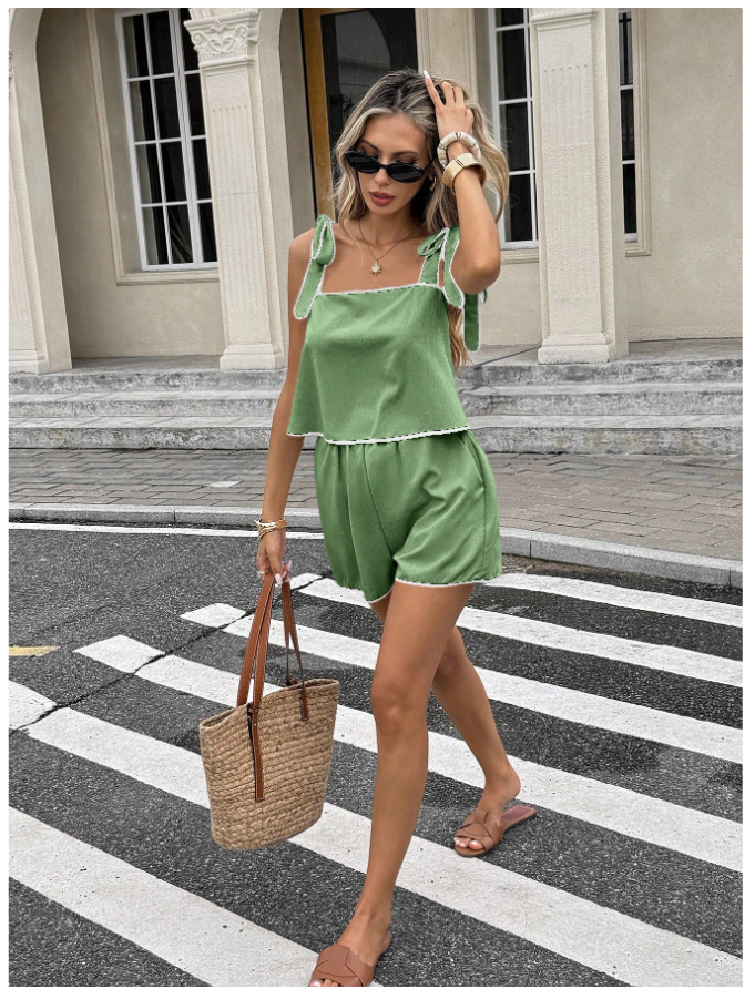 Set verde camisa & short ribete en contraste - 5799