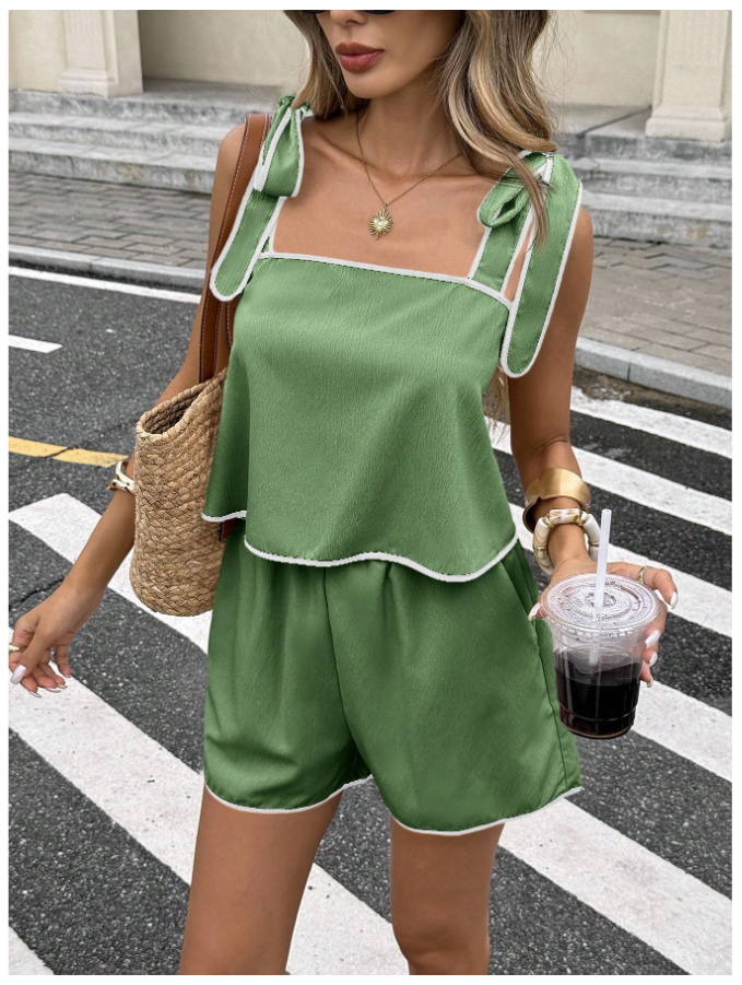 Set verde camisa & short ribete en contraste - 5799