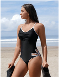 Traje de baño negro una pieza forma de flor en pierna - 5811