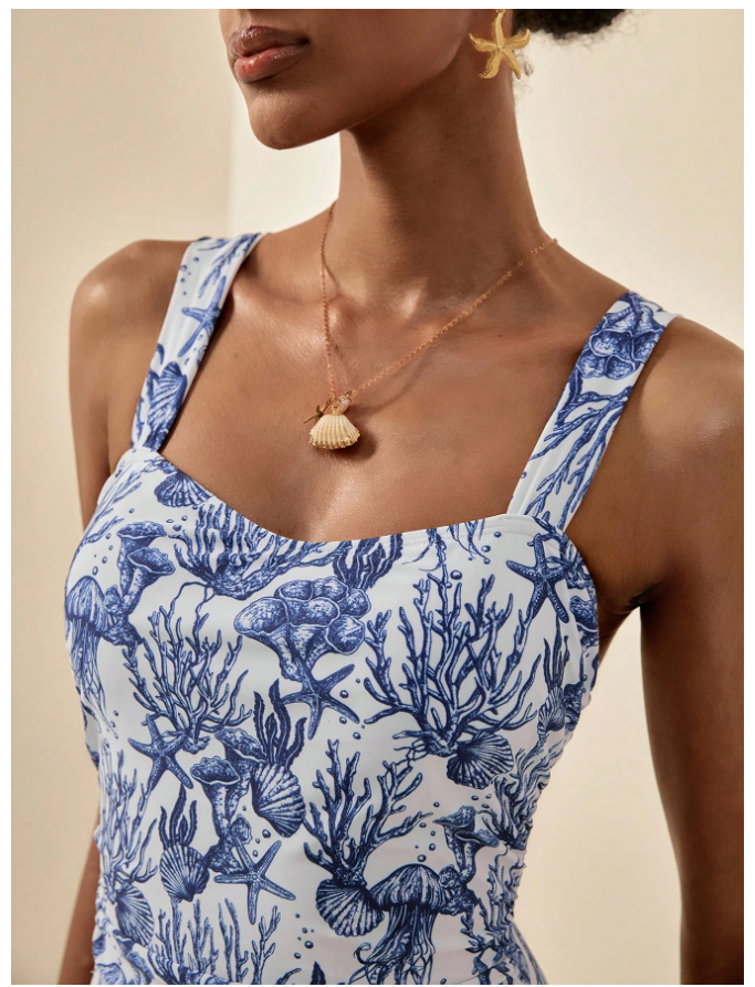 Traje de baño una pieza de tirantes estampados marinos - 5813
