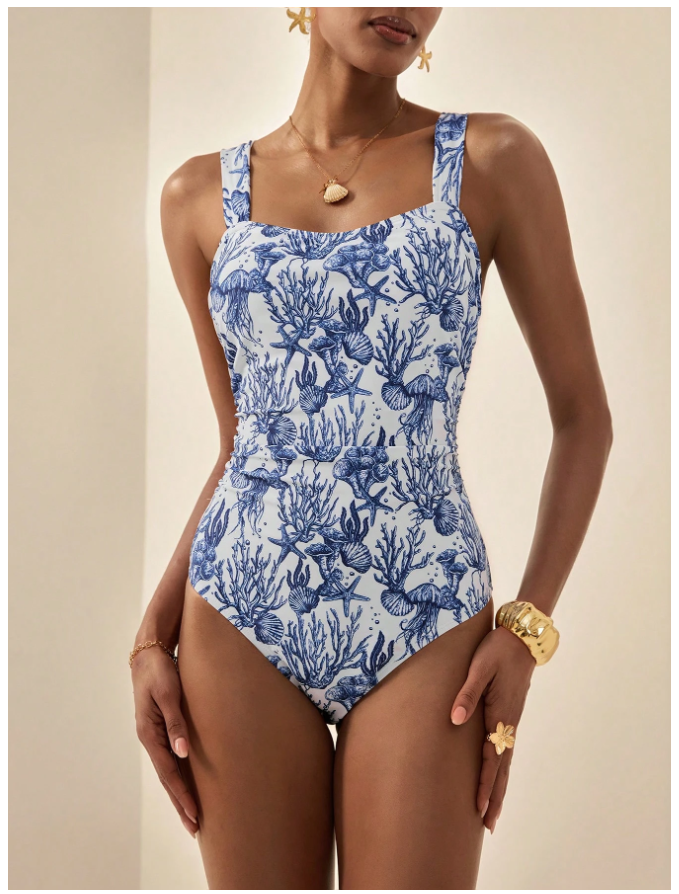 Traje de baño una pieza de tirantes estampados marinos - 5813