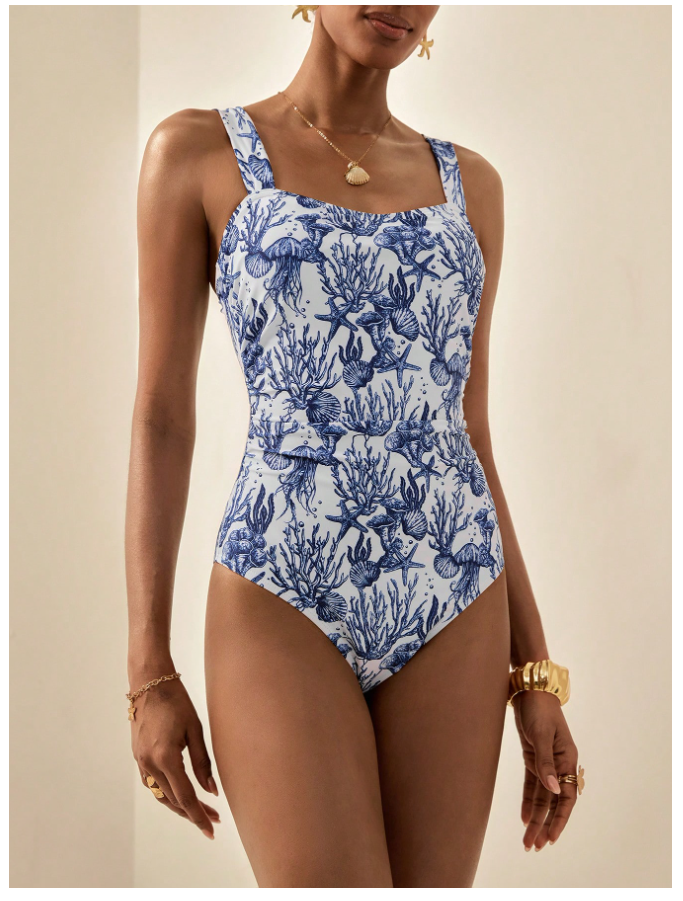 Traje de baño una pieza de tirantes estampados marinos - 5813