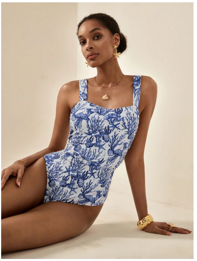 Traje de baño una pieza de tirantes estampados marinos - 5813