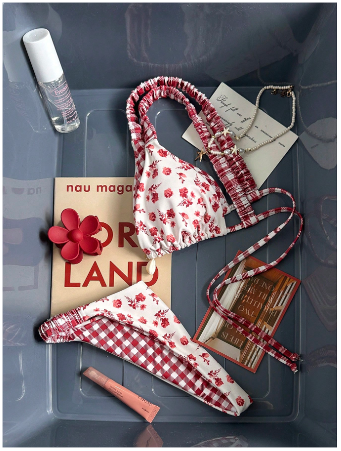 Traje de baño dos piezas reversible estamp rojo floral & cuadros - 5815