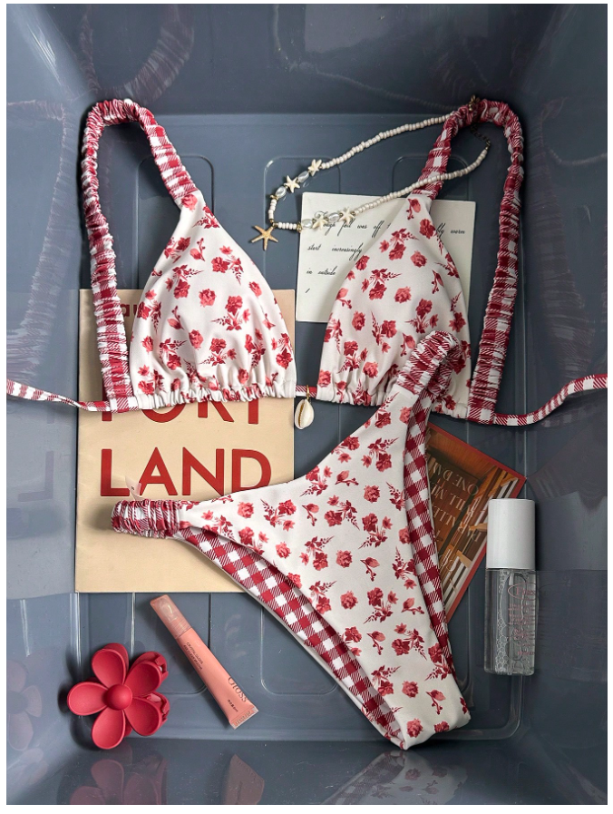 Traje de baño dos piezas reversible estamp rojo floral & cuadros - 5815