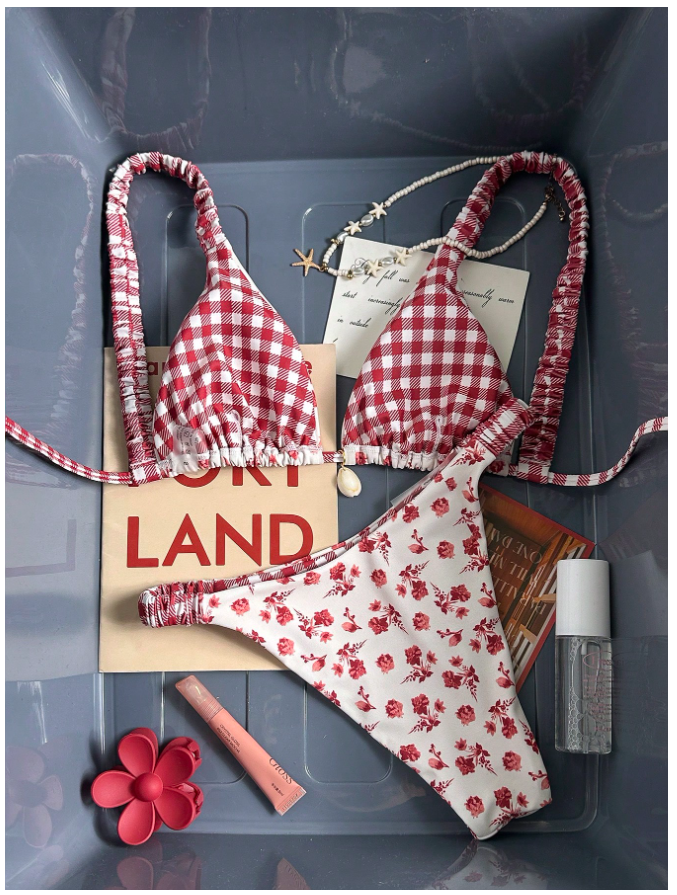 Traje de baño dos piezas reversible estamp rojo floral & cuadros - 5815