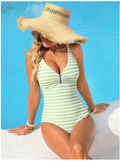 Traje de baño una pieza a rayas verde & blanco detalle dorado en pecho - 5817
