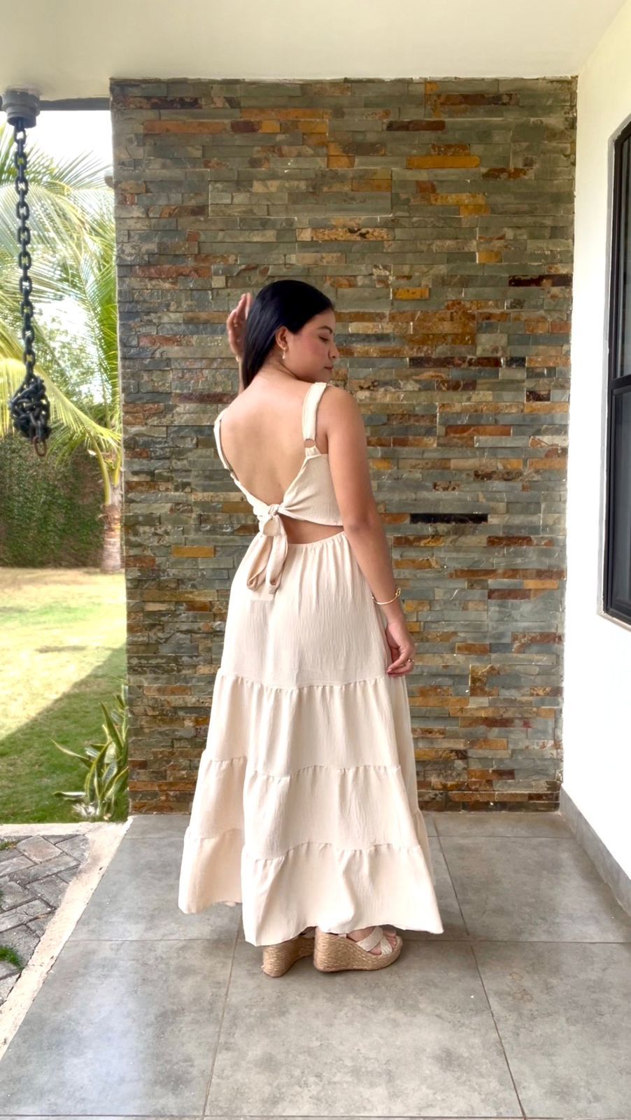 Vestido caqui largo veranero con lazo en espalda - 5819CA