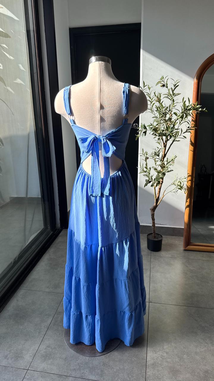 Vestido celeste largo veranero con lazo en espalda - 5819CE