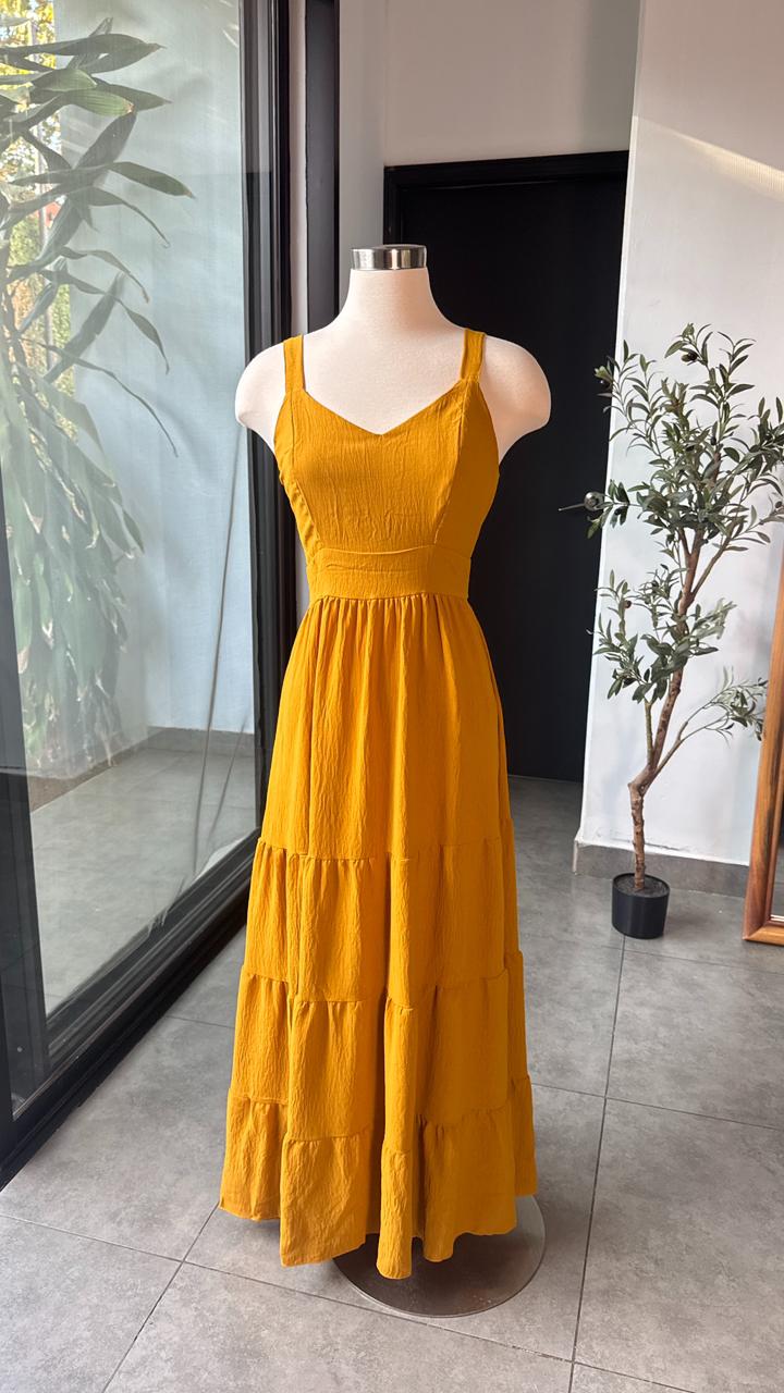 Vestido mostaza largo veranero con lazo en espalda - 5819MZ