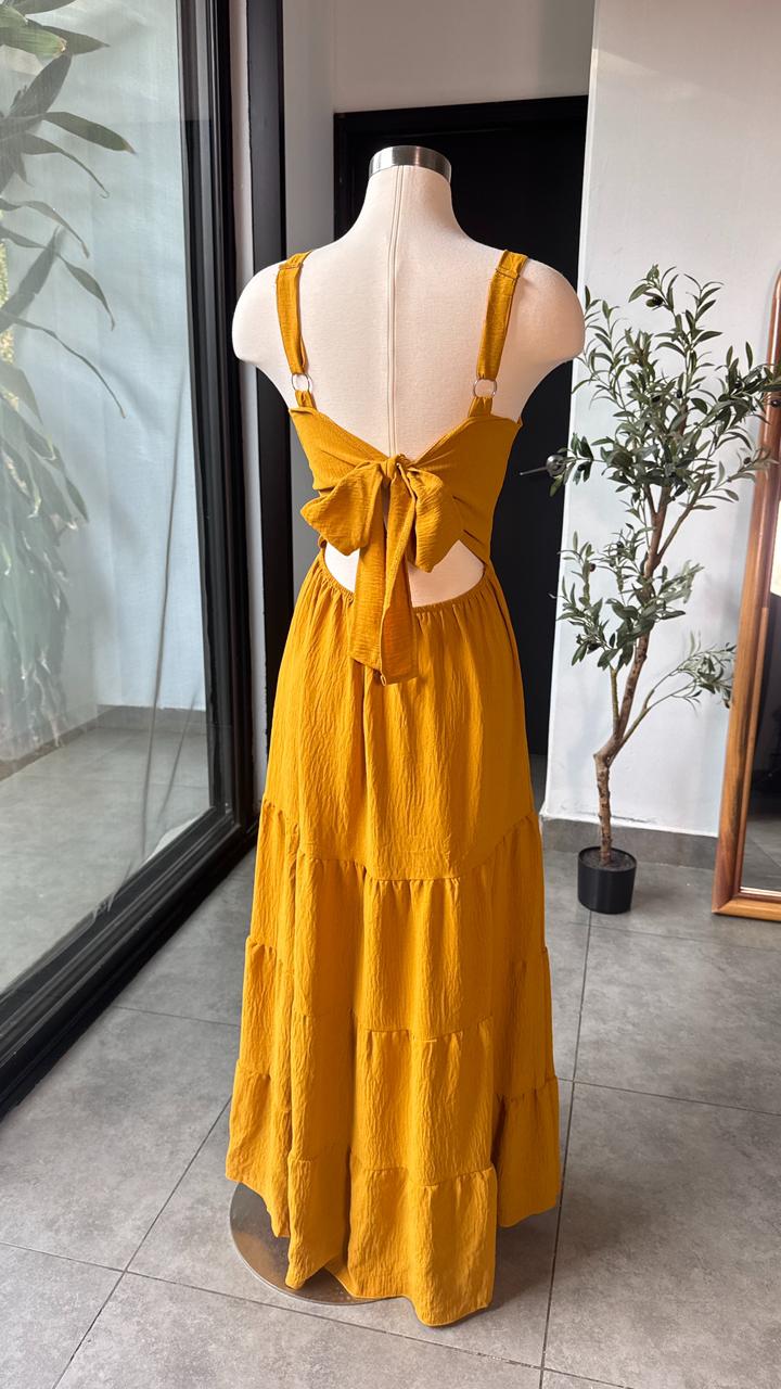 Vestido mostaza largo veranero con lazo en espalda - 5819MZ