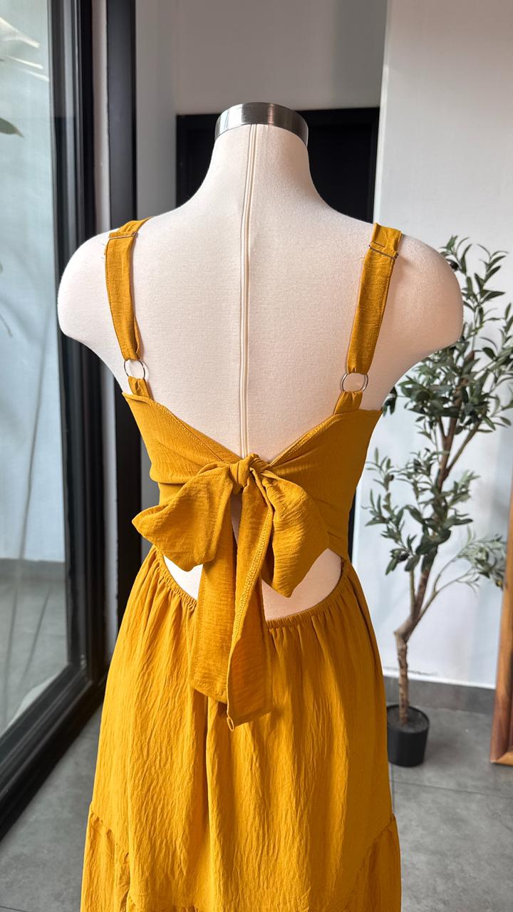 Vestido mostaza largo veranero con lazo en espalda - 5819MZ