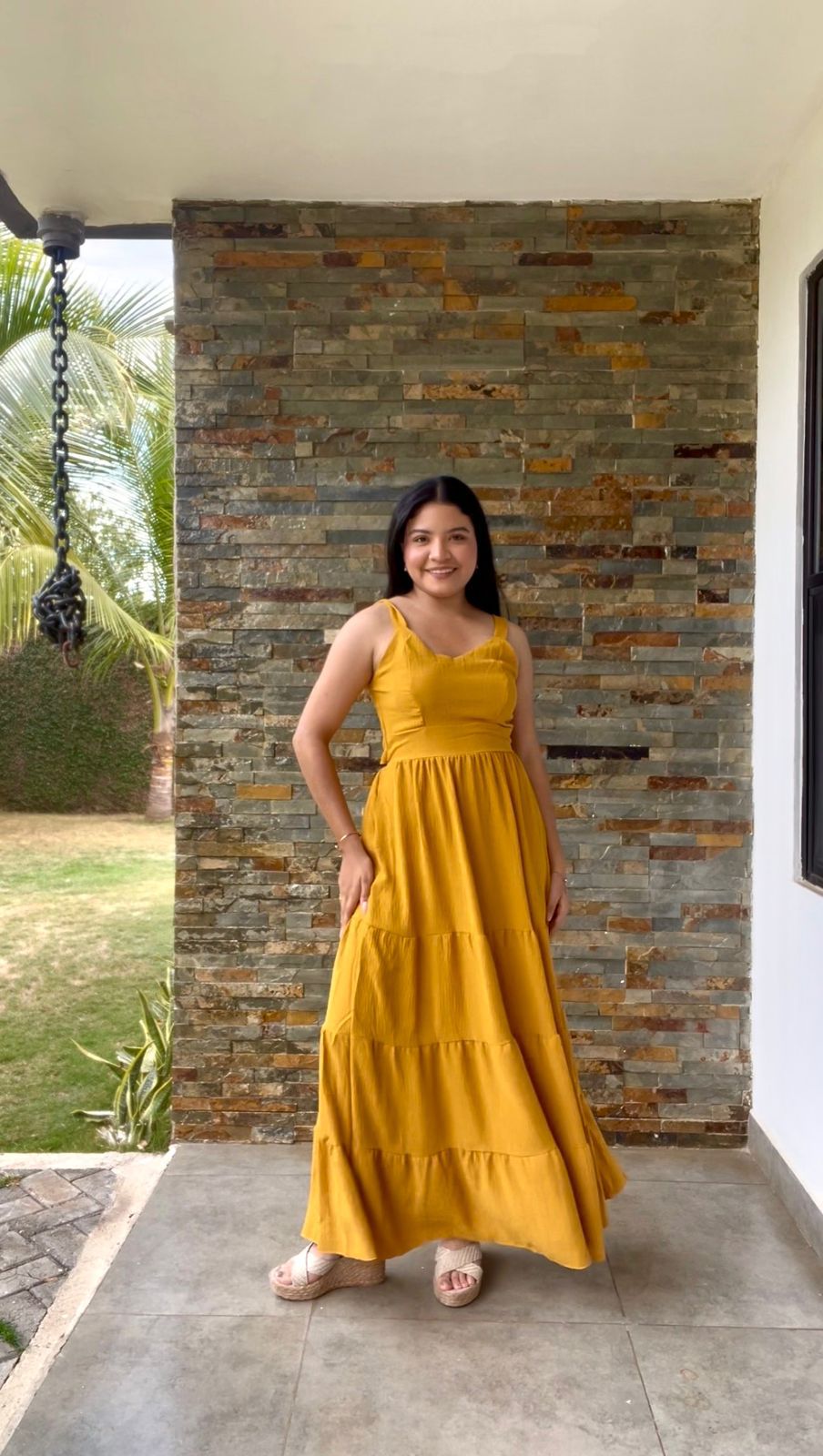 Vestido mostaza largo veranero con lazo en espalda - 5819MZ