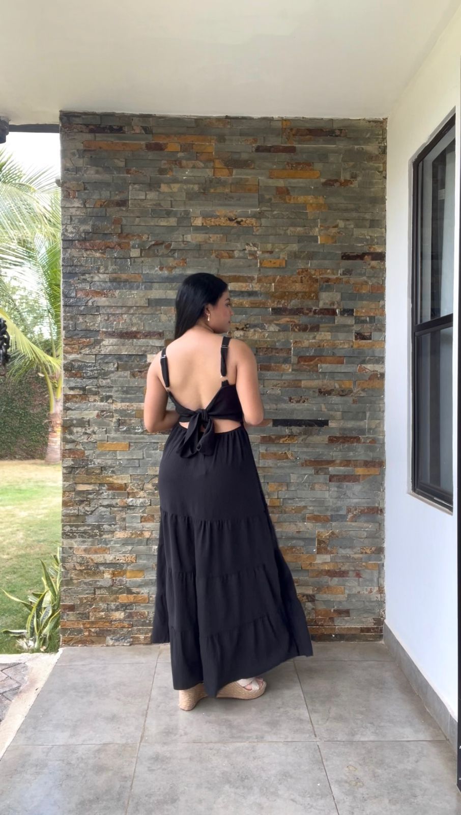 Vestido negro largo veranero con lazo en espalda - 5819NE