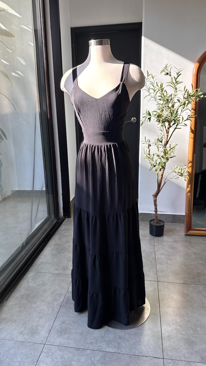 Vestido negro largo veranero con lazo en espalda - 5819NE