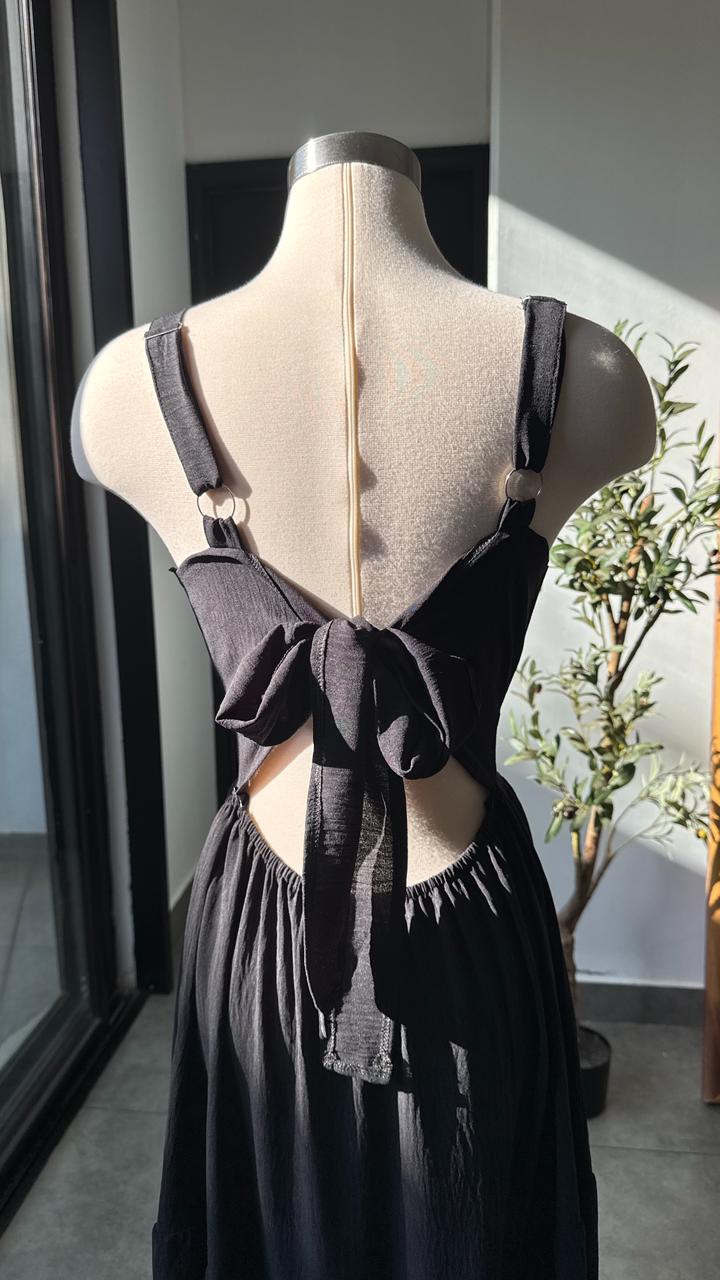 Vestido negro largo veranero con lazo en espalda - 5819NE