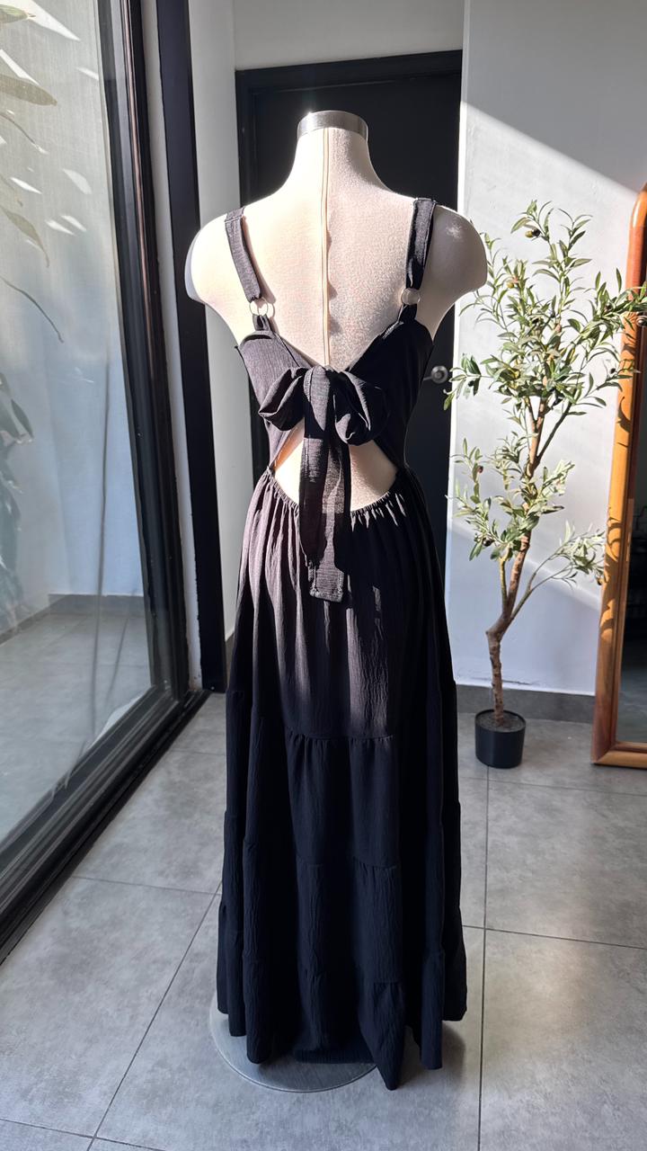 Vestido negro largo veranero con lazo en espalda - 5819NE