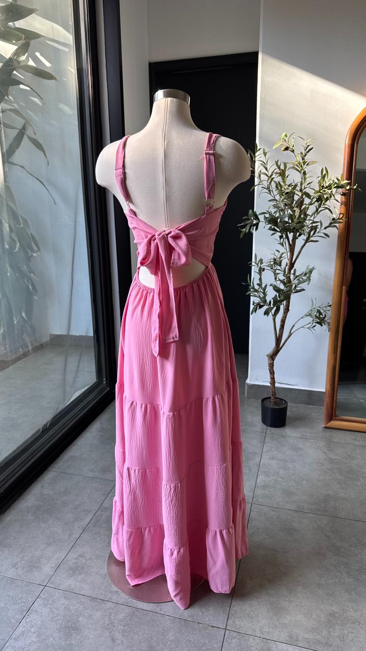 Vestido rosa largo veranero con lazo en espalda - 5819RO