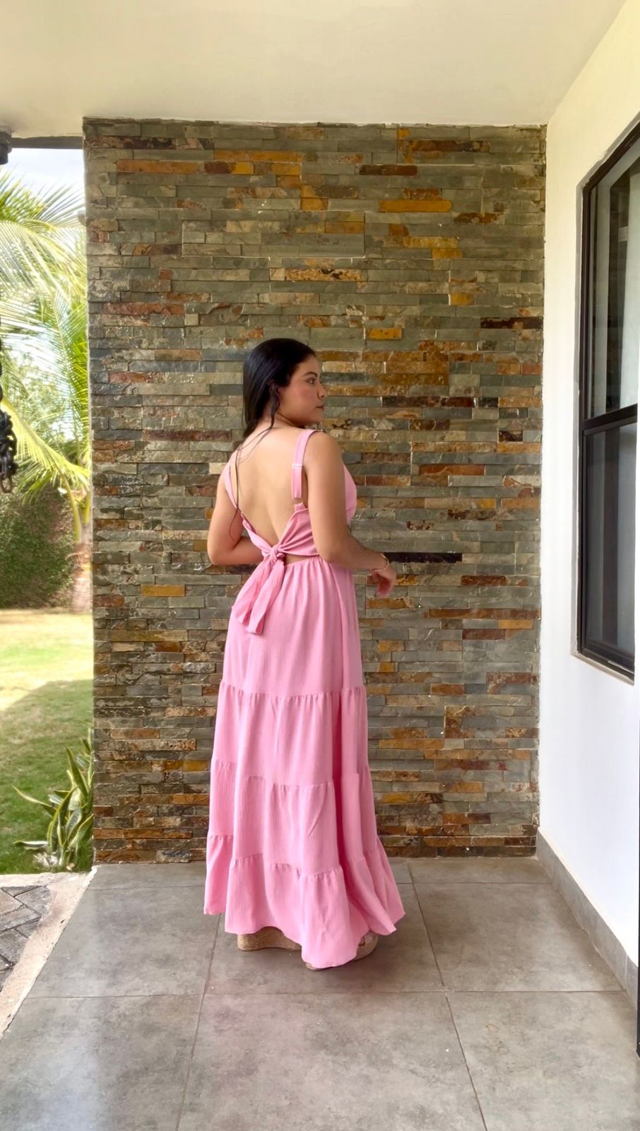 Vestido rosa largo veranero con lazo en espalda - 5819RO