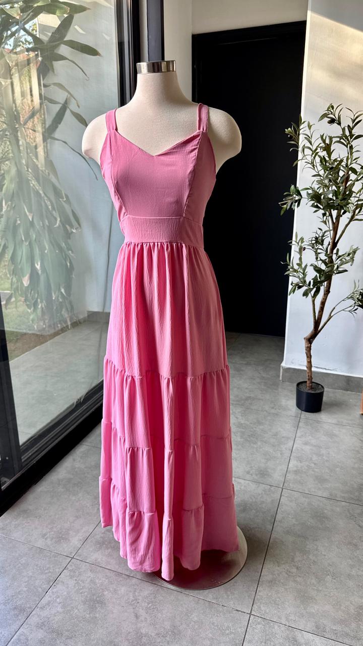 Vestido rosa largo veranero con lazo en espalda - 5819RO