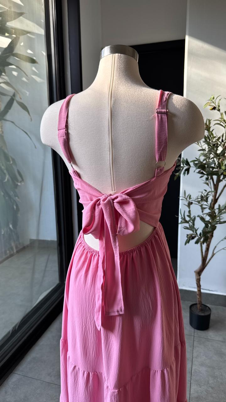 Vestido rosa largo veranero con lazo en espalda - 5819RO