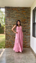 Vestido rosa largo veranero con lazo en espalda - 5819RO
