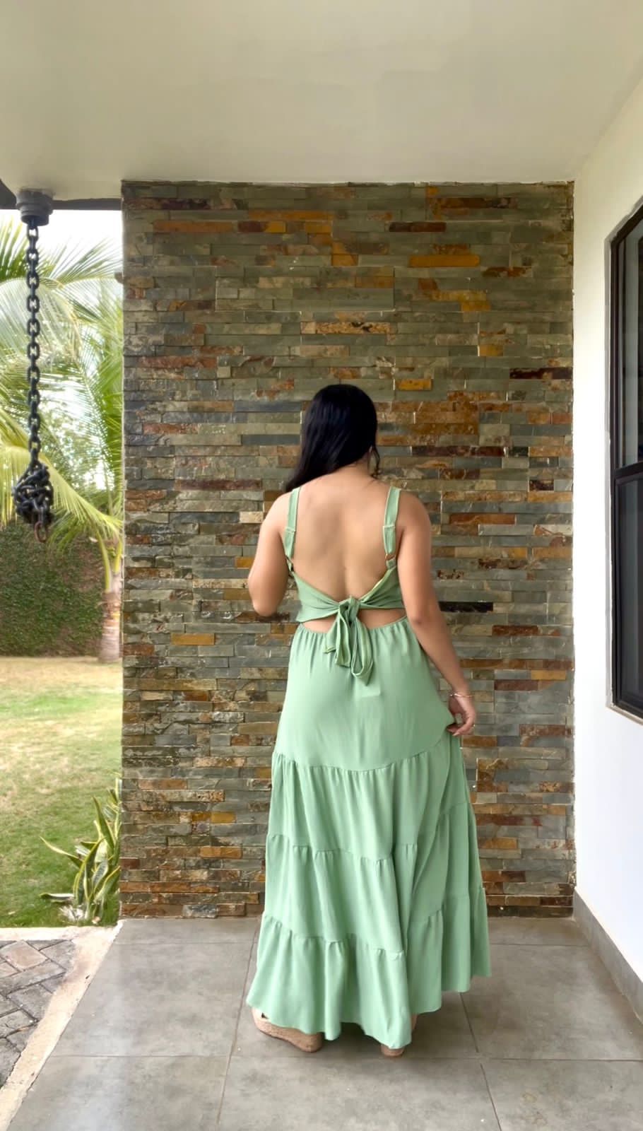 Vestido verde largo veranero con lazo en espalda 5819VE